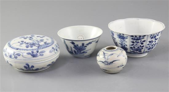 A Chinese blue and white box and cover and two bowls, 17th century, all purchased from R & G Macpherson, London and with labels (4)